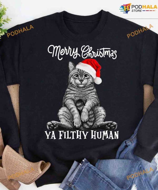 Cat Christmas Hat Merry Christmas Ya Filthy Human Shirt