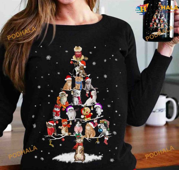 Cat Christmas Tree Shirt, Christmas Gift For Cat Lovers
