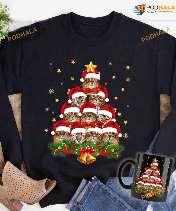 Cat Christmas Tree Shirt, Mistletoe Bell Christmas Gift