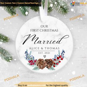 Celebrating Married First Christmas Ornament, Personalized Ceramic Decor