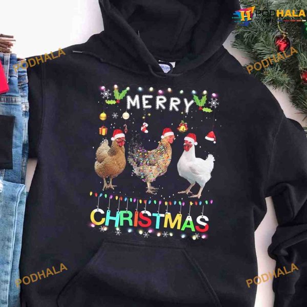 Chickens Santa Hat Christmas Lights Merry Christmas Shirt