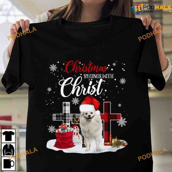 Christmas Begin With Christ White Pomeranian Dog Shirt