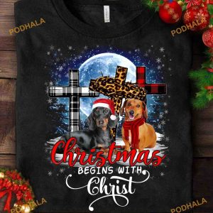 Christmas Begins With Christ Dachshund Leopard Plaid Christian Cross Shirt
