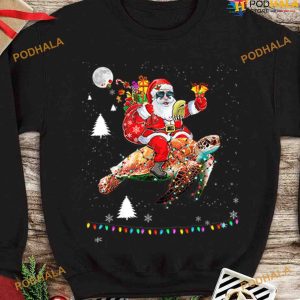 Christmas Santa Claus Riding Turtle Christmas Lights Xmas Holiday Shirt