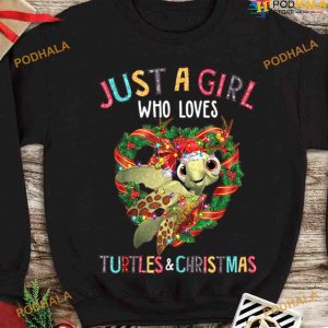 Christmas Wreath Santa Turtle Just A Girl Who Loves Turtles And Christmas Shirt