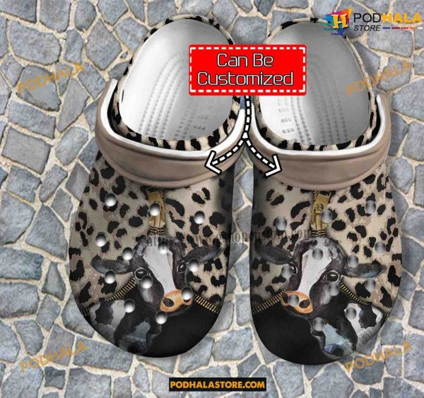 Custom Name Cow Leopard Leather Leopard Crocs Clogs Gift For Cow Girl