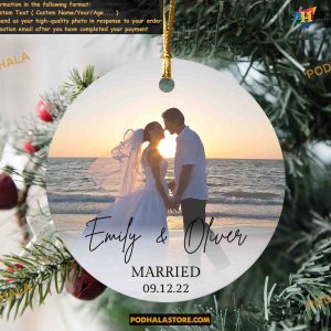 Custom Photo Wedding Christmas 2023 Ornament Just Married, First Ceramic Gift for Newlyweds