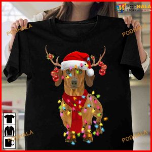 Dachshund Christmas Shirt, Dachshund Dog Wearing Red Merry Christmas Shirt
