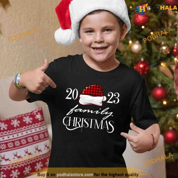 Family Christmas 2023 Santa Hat Buffalo Red Plaid Xmas Funny Shirt