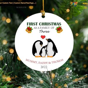 First Christmas as a Family of Three, Penguin Personalized Ornament