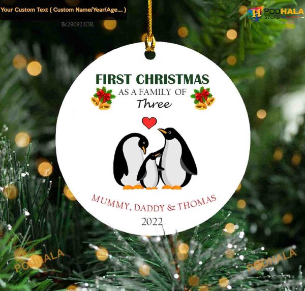 First Christmas as a Family of Three, Penguin Personalized Ornament
