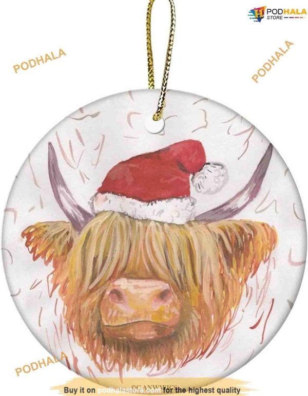 Highland Cow with Hat Christmas Ornament, Custom Family Ornaments