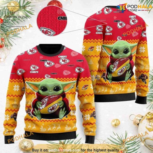 Kansas City Chiefs Baby Yoda 3D NFL Football Ugly Christmas Sweater