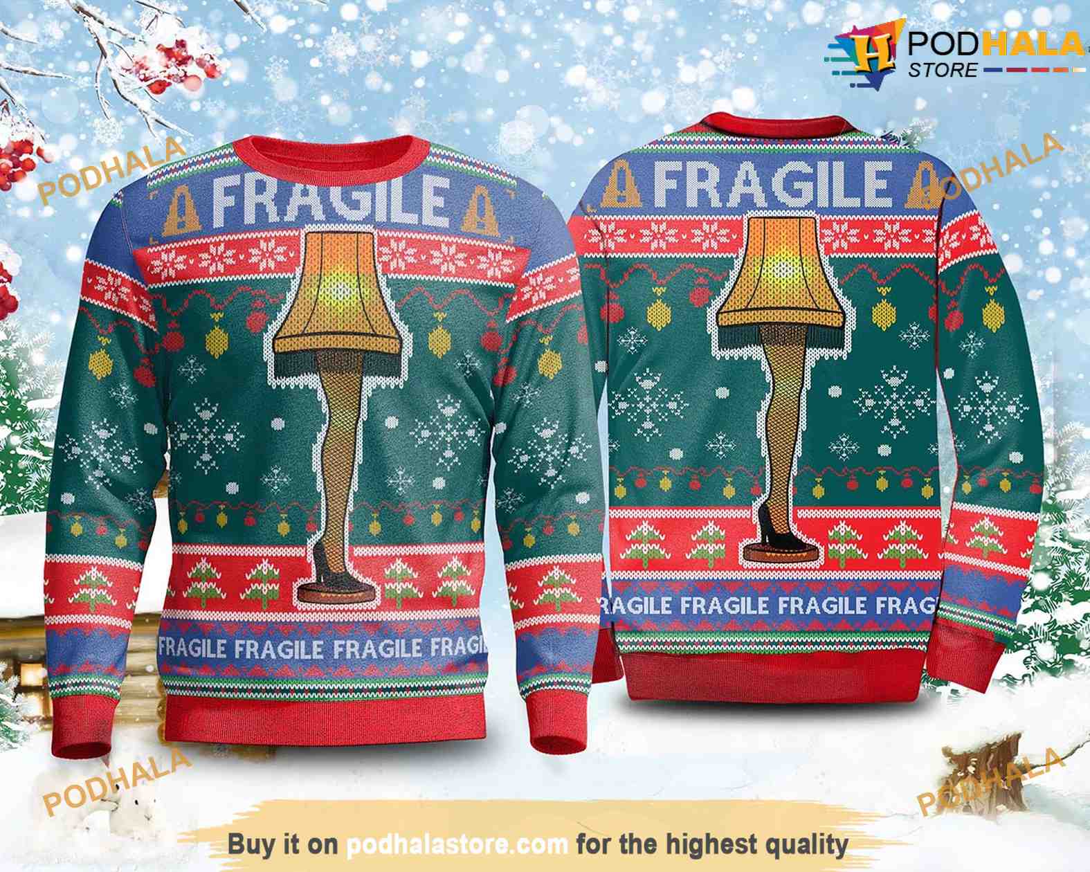 A Christmas Story Fragile Leg Lamp Light Up Green Ugly Christmas Sweater, Size: XL