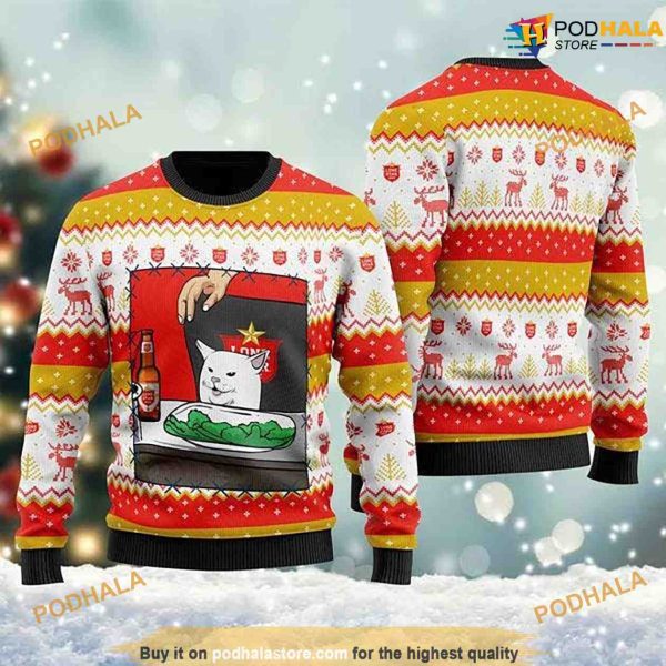 Lone Star Beer Cat Meme Christmas 3D Cute Ugly Christmas Sweater