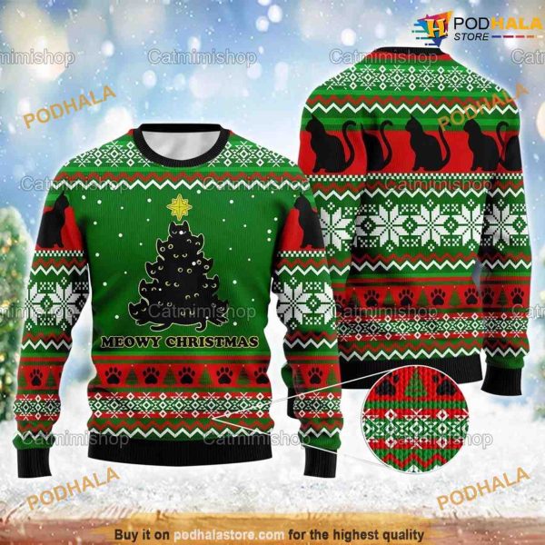 Meowy Black Cat Christmas Tree Funny Naughty Ugly Sweater