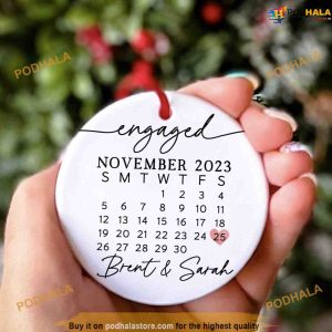 Personalized Calendar with Names Engaged Couple Ceramic Ornament