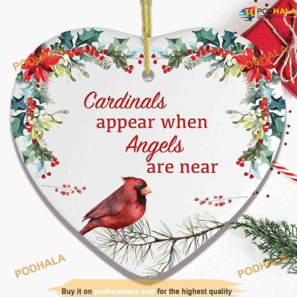 Personalized Cardinals Floral Heart Ornament, Angels Near, Cardinal Christmas Decorations
