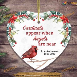 Personalized Cardinals Floral Heart Ornament, Angels Near, Cardinal Christmas Ornaments