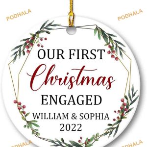 Personalized Christmas Our First Christmas Engaged Ceramic Ornaments