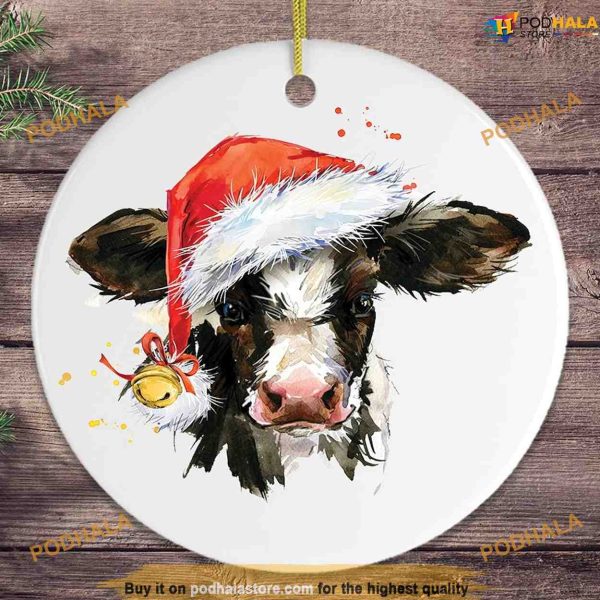 Personalized Farm Animal Christmas Ornaments, Cow Santa Hat Christmas Ornaments