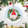 Personalized Gnome Holly Circle Ceramic Ornament, Custom Family Ornaments