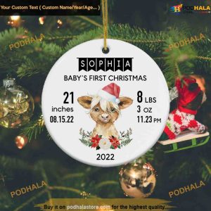 Personalized Highland Cow Baby's First Christmas Ornament, Cute Cow Ornament