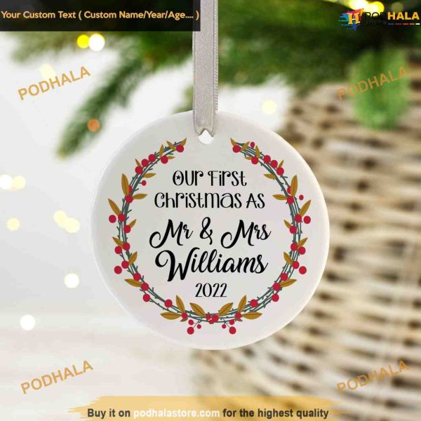 Personalized Mr & Mrs First Christmas Ornament, Ceramic Xmas Decor