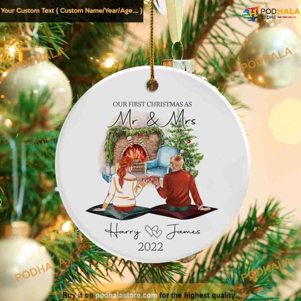Personalized Mr and Mrs First Christmas Ornament, Engagement Celebration Ornament