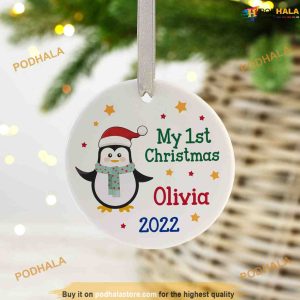 Personalized Penguin Bauble, Baby's First Christmas Decoration