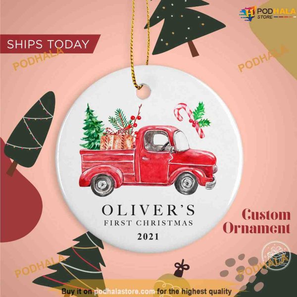 Personalized Red Truck Ornament, Baby’s First Christmas