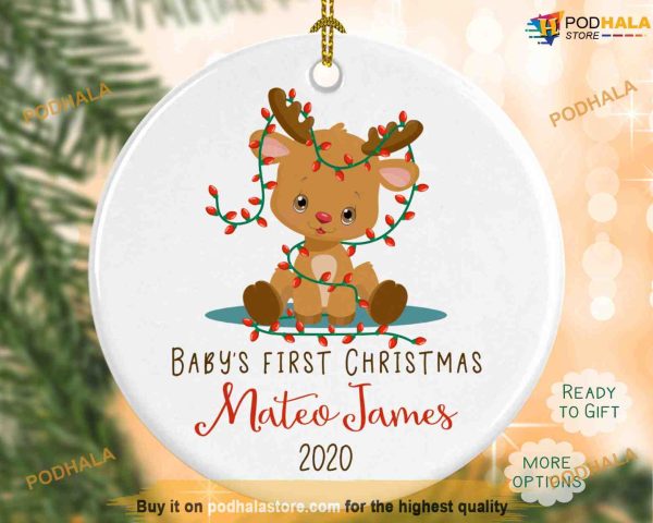 Personalized Reindeer Ornament, First Christmas for Baby Boy