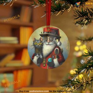 Personalized Steampunk Santa with Cat Metal Ornament, Friends Christmas Ornaments