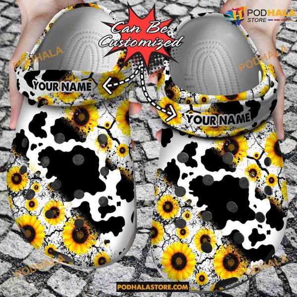 Personalized Sunflower Cow Print Crocs Stripe Clog Shoes