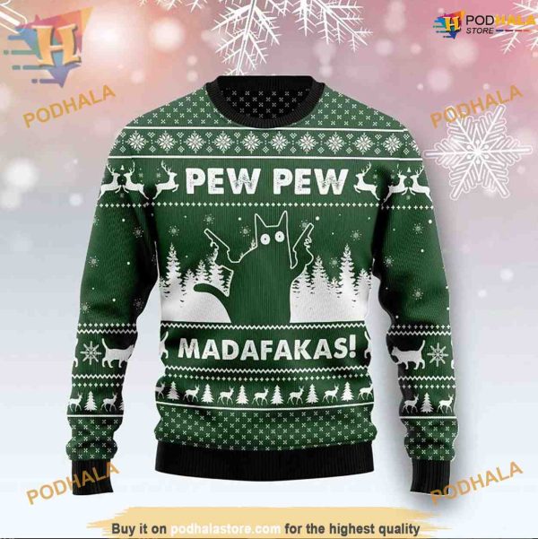 Pew Madafakas Black Cat Ugly 3D Sweater, Funny Xmas Sweater
