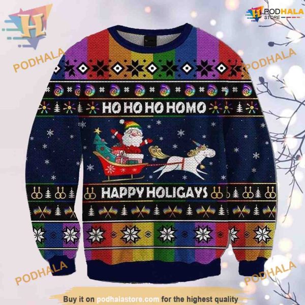 Rainbow Unicorn Hohoho Homo Ugly Christmas Sweater, Friends Christmas Sweater