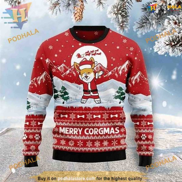 Red Christmas Corgi Merry Corgmas 3D Ugly Christmas Sweater