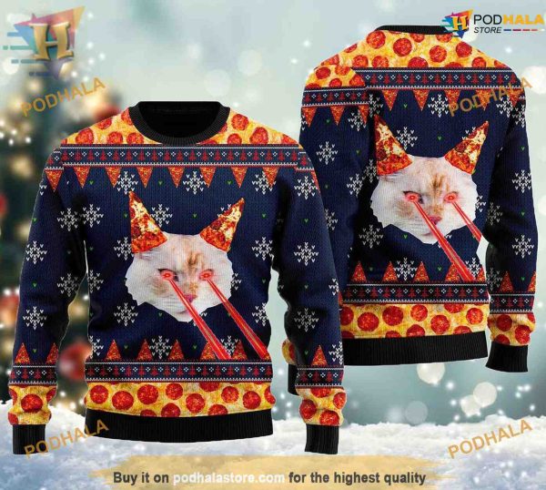 Retro Drax Pizza Cat Ugly Christmas Sweater, Family Ugly Christmas Sweater