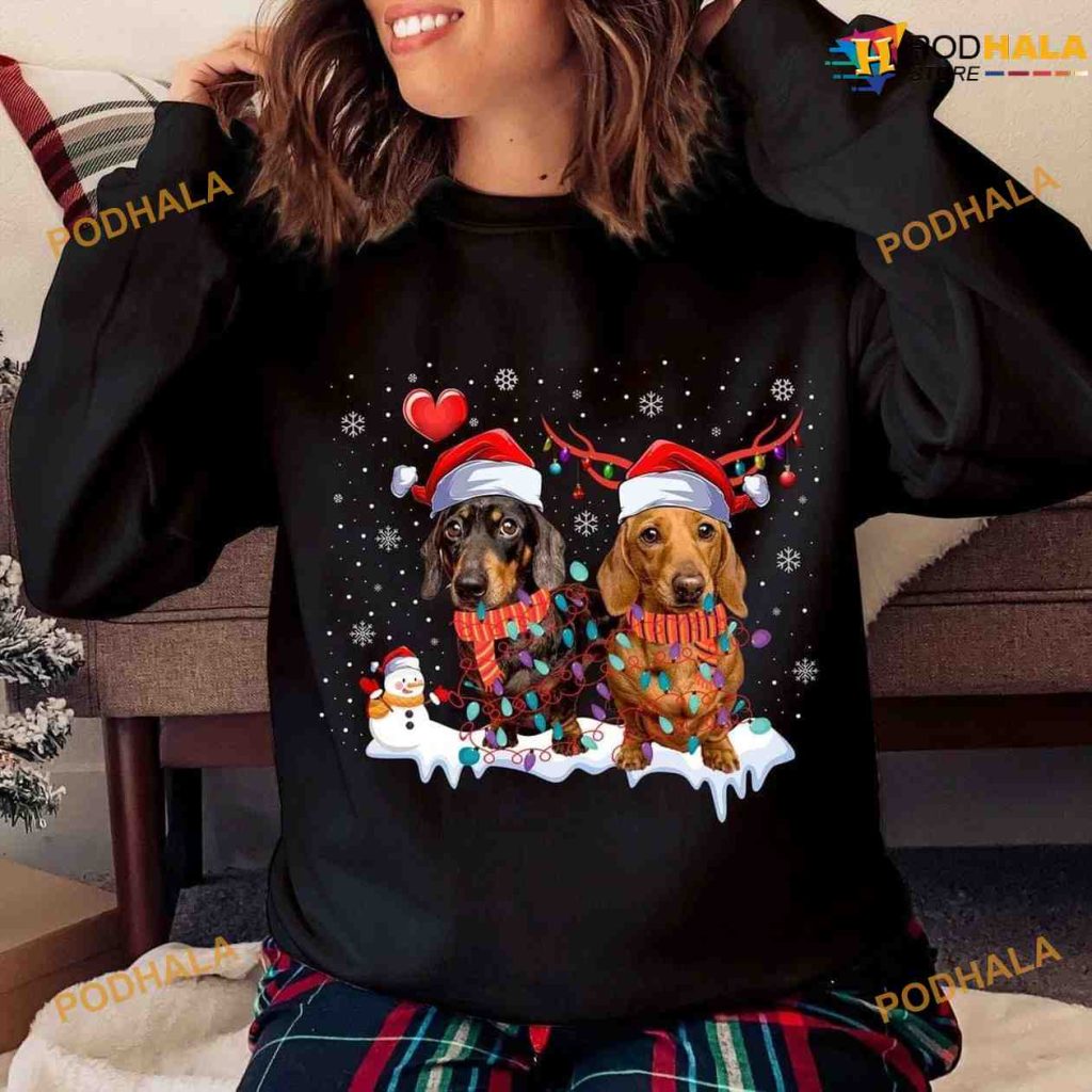 Santa Hat Xmas Lights Ugly Dachshund Christmas Shirt Podhalastore