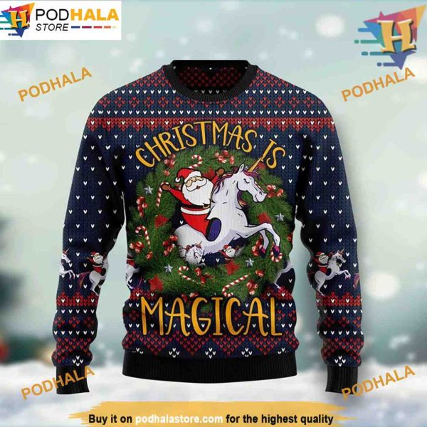 Santa Riding Unicorn Ugly Christmas Sweater, Funniest Ugly Christmas Sweater