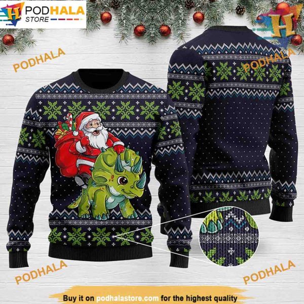 Santa Triceratops Ugly Christmas Sweater, Funniest Ugly Christmas Sweater