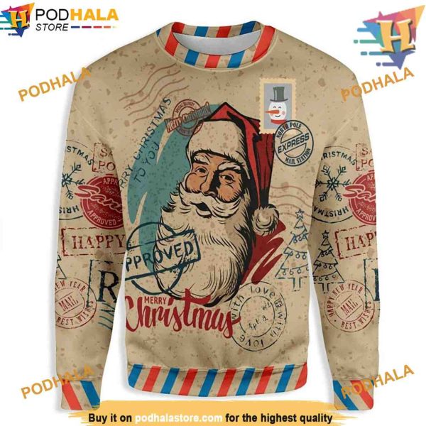 Santa Vintage Postcard Ugly Christmas Sweater, Funny Womens Christmas Sweater