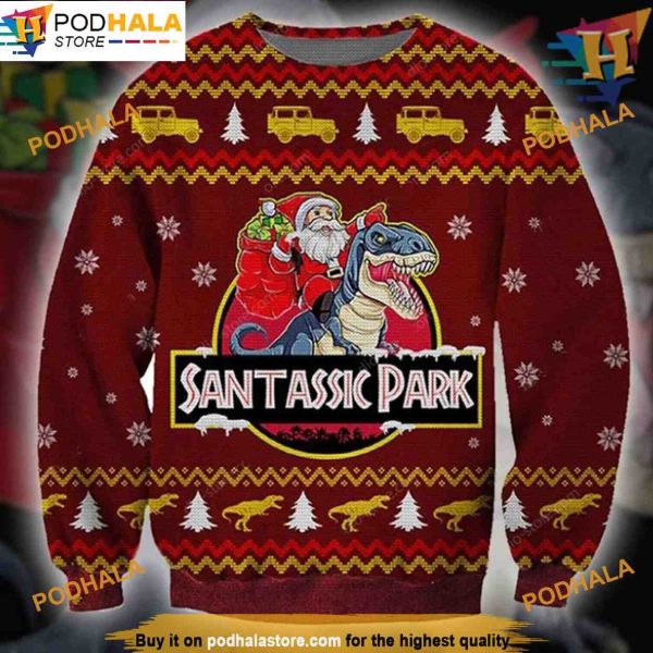 Santassic Park Ugly Christmas 3D Sweater, Funniest Ugly Christmas Sweater