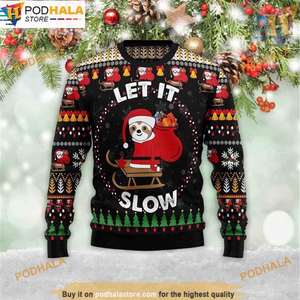 Sloth Let It Slow 3D Ugly Christmas Sweater, Funny Xmas Sweater