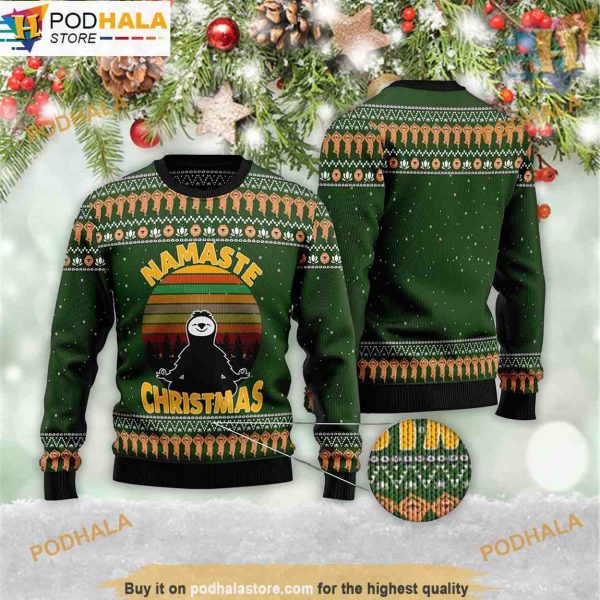 Sloth Namaste 3D Christmas Graphic Sweater, Cute Ugly Christmas Sweater