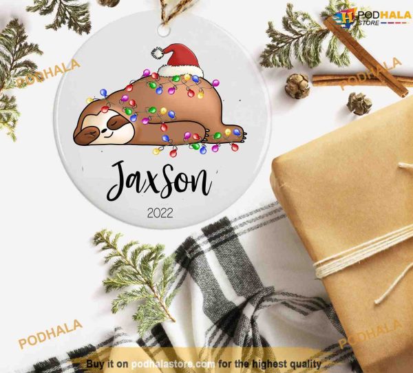 Sloth Personalized Ornament, Name and Date, Ceramic Christmas Decoration