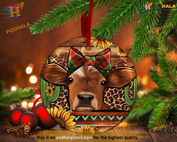 Sunflower & Cacti Cow Western Ornaments, Friends Christmas Ornaments