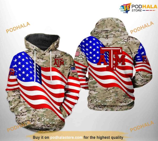 Texas A&M Aggies US Flag Camo Veteran NCAA 3D Hoodie, Sweatshirt, Shirt