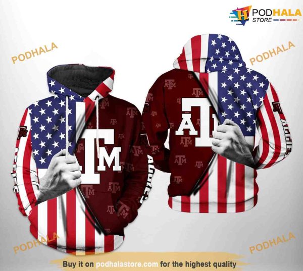 Texas A&M Aggies US Flag NCAA 3D Hoodie, Sweatshirt, Shirt