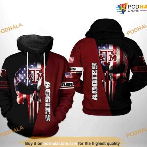 Texas A&M Aggies US Flag Skull NCAA 3D Hoodie, Sweatshirt, Shirt